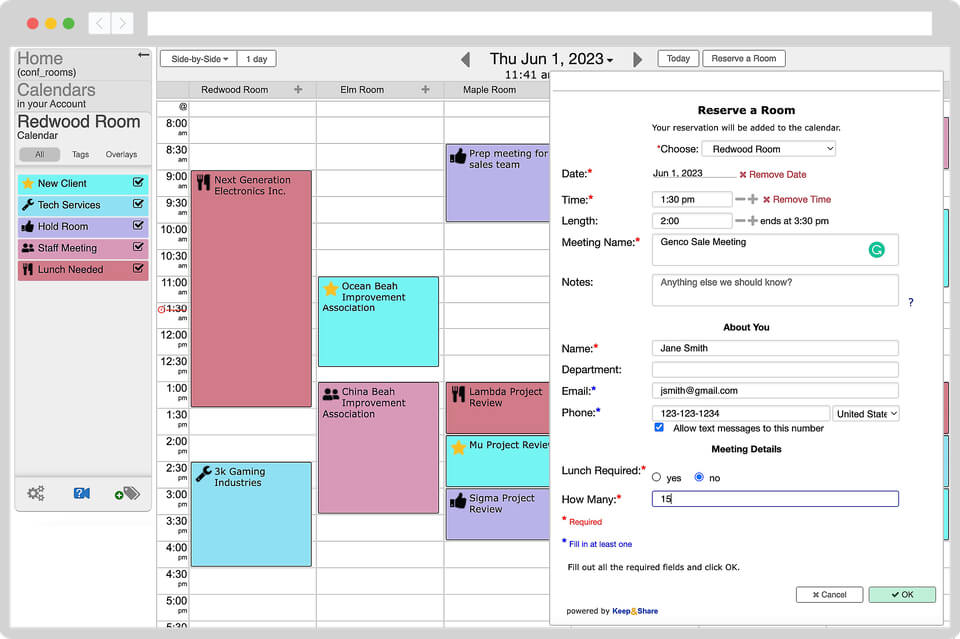 Reserving rooms side-by-side in calendar