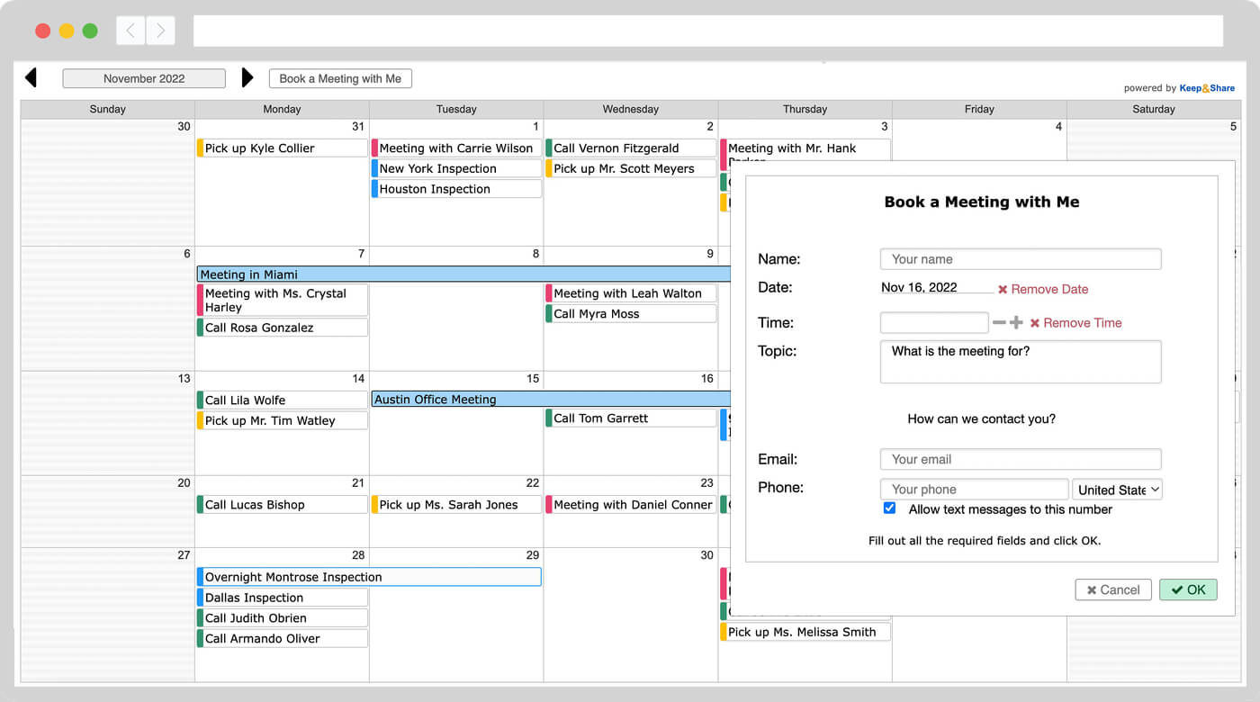 Embedded calendar with appointment booking