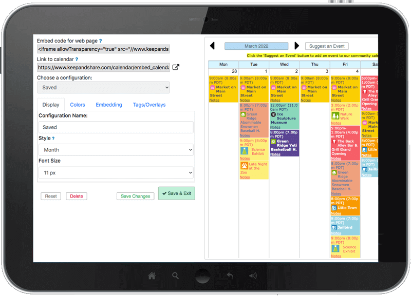 embedded calendar screen