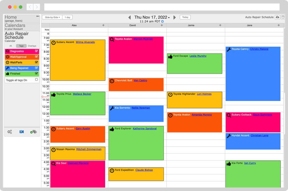 Auto repair schedule viewing calendars side-by-side